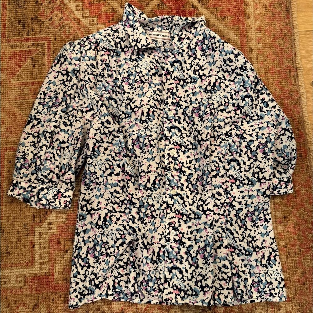 Westbound Petite Pink Navy White Floral Button 3/4 Sleeve  Blouse Top  Sz 14